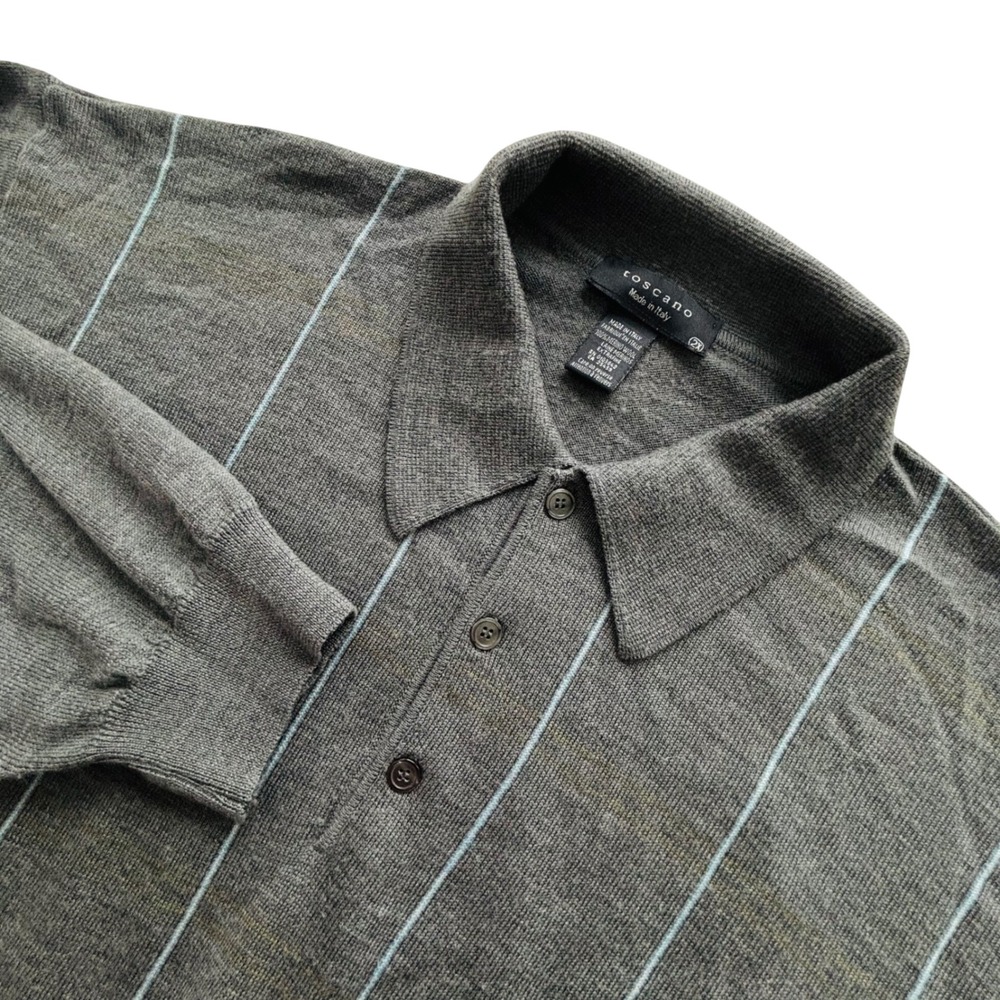Toscano Merino Wool Polo Sweater 2X Gray Striped Long Sleeve Preppy Luxury Italy